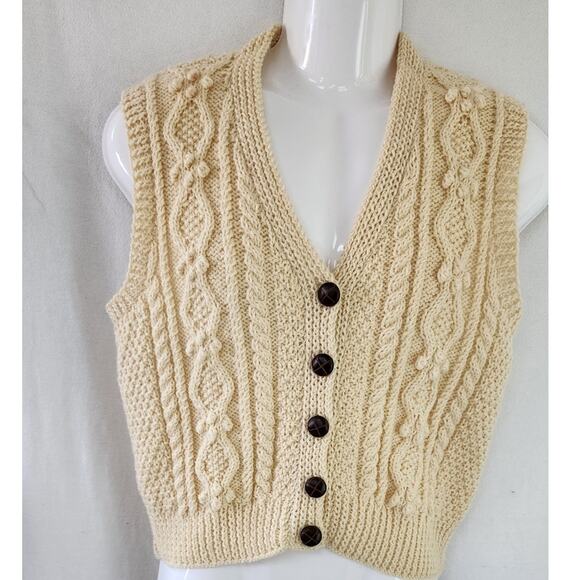 Vtg 1970's  Irish Aran Hand Knit House of Dublin Cream Cable Wool Vest Women Lg - Picture 1 of 7